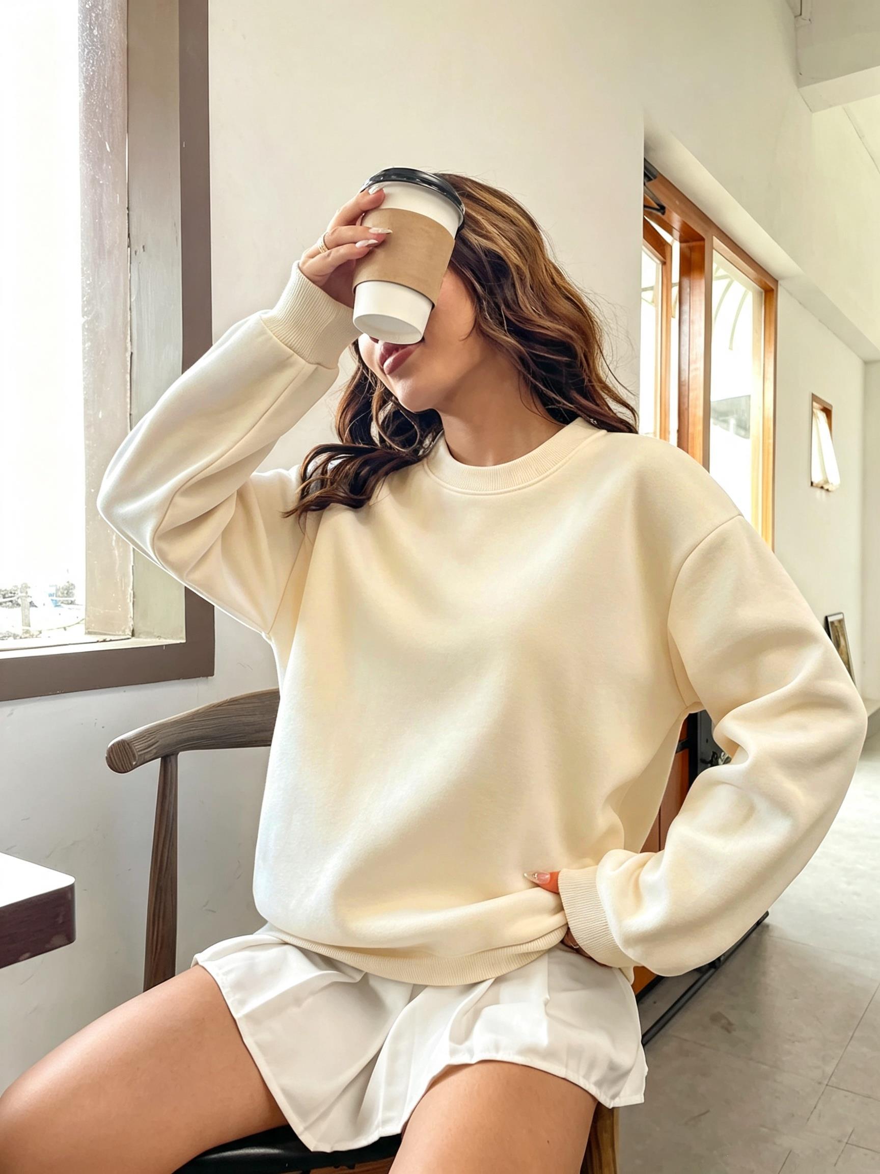 Moletom Feminino Coreano Overs - Oversized Crewneck Fleece avaliação e preço